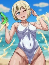 1girls arobiro beach blonde_hair erica_hartmann imminent_bukkake short_hair strike_witches swimsuit wink world_witches_series