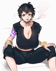 ? arm_tattoo big_breasts black_hair blue_eyes bracelet bracelets choker cigarette cleavage doll_(one_piece) female female_only fully_clothed gold_jewelry hoop_earrings huge_breasts jerrydurd jewelry lipstick one_piece sagging_breasts short_hair shoulder_tattoo sitting smoke smoking solo spiked_collar spread_legs tattoo tattoos very_short_hair white_background