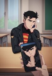 ai_generated classroom confused confusion gay oral oral_sex phone_screen school sitting superboy superboy_(conner_kent) twink unseen_character young_justice