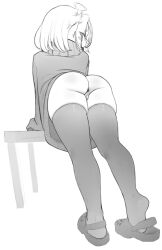 ahoge anus arm_support ass blush_stickers crocs female greyscale highres itsukarine leaning_forward looking_at_viewer looking_back monochrome original pointy_ears pussy short_hair simple_background solo standing sweatdrop table thighhighs white_background