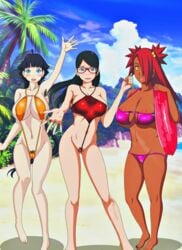 3girls akimichi_chouchou armpits artemisumi beach big_breasts big_butt bikini black_hair blue_eyes boruto:_naruto_next_generations dark-skinned_female dark_skin female female_only glasses hairy_armpits hairy_pussy innertube kunoichi legs multiple_girls naruto orange_bikini orange_hair orange_skin pink_bikini pubic_hair pubic_hair_peek red_bikini sarada_uchiha sexy_armpits sling_bikini swimsuit teenager threesome toned toned_female uzumaki_himawari yellow_eyes