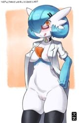 2019 anthro areola artist_name beauty_mark blue_hair blue_skin choker commission dr._voir english_text game_freak gardevoir gardevoirite glasses glistening hair_over_one_eye hairclips hourglass_figure lab_coat licking_lips looking_at_viewer medium_breasts mega_stone nintendo orange_background orange_eyes pokemon pokemon_(species) pussy shiny_pokemon short_blue_hair short_hair sleeves_rolled_up smile standing text thick_thighs thigh_gap thigh_highs threeworlds url watermark white_border