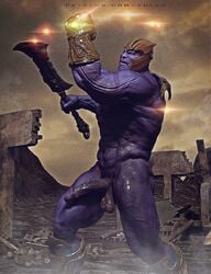 1boy armor avengers balls big_penis erection helmet infinity_gauntlet male male_only marvel marvel_cinematic_universe penis purple solo thanos veiny_penis weapon yaoi yolco