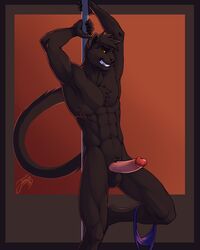 2019 abs anthro black_fur chest_tuft dancing erection felid feline feralise fur humanoid_penis konigpanther male male_only mammal melanistic muscular nude pantherine penis pinup pole pose simple_background solo stripper stripper_pole tuft yellow_eyes