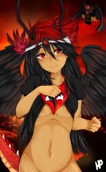 1girls 2d antlers artist_signature bandana black_antlers black_hair black_shirt black_sleeves black_wings bottomless breasts detailed_background dragon_tail female female_focus female_only headgear headwear heavypulse lifted_shirt long_hair looking_at_viewer medium_breasts mostly_nude nipple_slip no_bra no_panties red_bandana red_eyes red_hair red_tail reference_image roblox roblox_avatar robloxian self_upload shirt shirt_lift short_sleeves solo solo_female stomach sweat sweatdrop t-shirt tail tan-skinned_female tan_skin teasing two_tone_hair wings