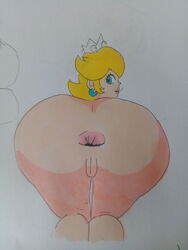 1girls anus ass ass_focus back_view big_ass big_belly blonde_hair blue_eyes butt crown earrings female female_only gaping_anus huge_ass huge_butt large_ass lips lipstick looking_at_viewer looking_back mario_(series) meow_fuck nintendo princess_peach pussy simple_background solo thick thick_thighs thighs white_background