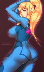 1girls ange1witch arms_above_head ass blonde_hair blue_eyes bodysuit curvy female female_only hair metroid nintendo ponytail samus_aran sidelocks solo video_games zero_suit zero_suit_samus