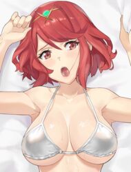 1girls :o armpits arms_up bangs bare_arms bare_shoulders bed_sheet bikini blush breasts circlet cleavage collarbone commentary erect_nipples eyebrows_visible_through_hair female from_above head_tilt j@ck large_breasts looking_at_viewer lying nintendo nipples on_back open_mouth pyra_(xenoblade) red_eyes red_hair saliva sheet_grab short_hair solo strap_gap swept_bangs swimsuit upper_body white_bikini xenoblade_(series) xenoblade_chronicles_2