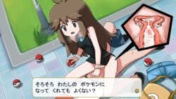 1boy 1girls backpack bag black_dress breasts brown_eyes brown_hair chase_(pokemon) clothed_sex clothes clothing cum cum_in_pussy cum_in_uterus cum_inside dress dress_lift fallopian_tubes female female_on_top furanshisu game_freak green_(pokemon) heavy_breathing highres hud human human_only japanese_text leaf_(pokemon) long_hair male nintendo open_mouth ovaries penetration penis pokemon pokemon_lgpe pokemon_rgby pussy sex small_breasts spread_legs straight text translation_request uterus vaginal_penetration x-ray