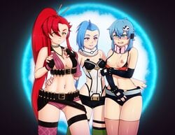3girls alexw95 alternate_costume areolae asada_shino blush breasts exposed_breasts female female_only gun_gale_online jinx_(league_of_legends) league_of_legends multiple_girls nipples ponytail short_hair sinon sword_art_online tengen_toppa_gurren_lagann yoko_littner