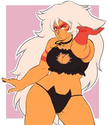 1girls big_hips black_bra black_lingerie black_panties breasts busty cat_bra cat_lingerie cat_panties clothed curvy female female_only hand_on_hair jasper_(steven_universe) lingerie long_hair looking_at_viewer necklace neckline orange_skin posing steven_universe thick_lips thick_thighs thighs white_hair wide_hips yellow_eyes