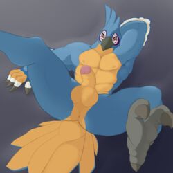 1:1 1boy 2019 2_toes 4_fingers absurd_res anthro anthrofied anus ass avian balls beak bedroom_eyes big_ass big_butt bird black_beak blue_feathers breath_of_the_wild butt circumcised dat_ass erection eyelashes feather_hands feathers front_view half-closed_eyes hands_above_head hi_res humanoid_hands humanoid_penis j-m kass kass_(zelda) looking_at_viewer male male_only multicolored_feathers muscular nintendo nude pecs penis presenting presenting_anus presenting_ass presenting_penis rito seductive simple_background solo spread_legs spreading tail talons the_legend_of_zelda thick_thighs toes video_games white_feathers wide_hips yellow_balls yellow_eyes yellow_feathers