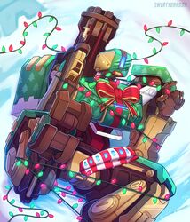 bastion_(overwatch) blizzard_entertainment bondage bound bow erection gift_wrap_bastion looking_at_viewer male male_only overwatch penis presenting presenting_penis qwertydragon ranged_weapon robot stripes sweat