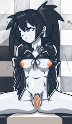 10s black_hair black_rock_shooter black_rock_shooter_(character) blue_eyes female navel nipples nude pubic_hair pussy shiny shiny_skin solo spread_legs takane_(lovehatsune) twintails uncensored