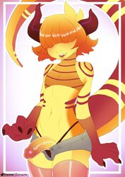 1boy anthro anthrofied bangs crossdressing dragon femboy flat_chest girly horn male male_only oerba_yun_fang open_mouth orange_hair penis penis_out piyotm thong trap yellow_skin