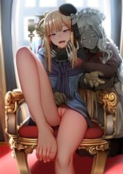 2girls :d bangs black_legwear blonde_hair blue_dress blue_eyes blush bottomless brown_gloves censored chair closed_eyes day dress dress_lift eyebrows_visible_through_hair fate/grand_order fate_(series) flower frills fur_collar ginhaha gloves hair_flower hair_ornament half-closed_eyes highres indoors knee_up long_hair long_sleeves looking_at_viewer maid metal metal_body metal_girl metal_hair metal_hand metal_skin metallic metallic_body metallic_hair metallic_skin mosaic_censoring multiple_girls no_panties no_shoes open_mouth pussy reaching_out reines_el-melloi_archisorte sitting smile sunlight trimmau tsurime window