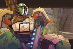 2019 accessory bandana bastion_(overwatch) big_penis hand_on_penis looking_down male_only masturbation overwatch penis precum qwertydragon ranged_weapon robot sunglasses thick_penis