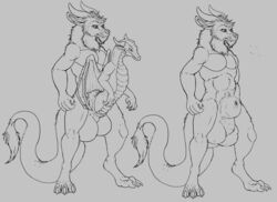 1boy animal_genitalia anthro balls big_balls bovid bovine canid canine canis cattle cock_transformation conjoined dragon felid feline feral furry horn hyper hyper_penis line_art male male_only mammal merging model_sheet muscular_male nude penis penis_transformation post_transformation sheath solo standing story story_in_description stygiandragon tail transformation unfinished wolf