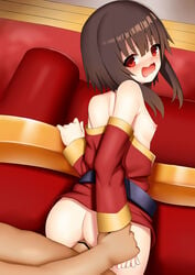 1boy anal arm_grab ass bar_censor bare_shoulders bent_over black_hair blush breasts censored commentary_request couch dress eyebrows_visible_through_hair female from_behind hair_between_eyes indoors kono_subarashii_sekai_ni_shukufuku_wo! long_sleeves megumin nipples open_mouth penis red-dress red_eyes sex short_hair sidelocks small_breasts solo_focus standing standing_sex toshishikisai