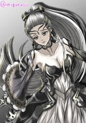 1girls bare_shoulders breasts cleavage collarbone detached_sleeves dress eir_(fire_emblem) female female_only fire_emblem fire_emblem_heroes grey_background grey_eyes grey_hair large_breasts long_hair long_sleeves nintendo ponytail shoulders solo sword very_long_hair violet_migu18 weapon wide_sleeves