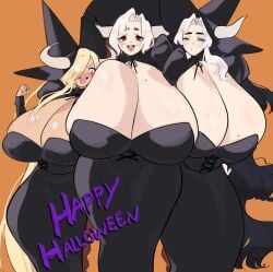 3girls big_breasts blanca_(ushiji) clothed female halloween horns huge_breasts leche_(ushiji) ushiji witch_costume witch_hat