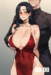 1boy 1girls ai_generated bare_arms bare_shoulders bare_thighs big_breasts black_eyes black_hair blush color dress female hand_on_breast hi_res jewelry large_breasts light-skinned_female light_skin long_hair looking_at_viewer male male/female milf mommy nipples_visible_through_clothing no_bra original_character red_dress santaclausai tagme thick_thighs