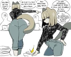 1boy 1male 2d 2d_(artwork) 2d_artwork arched_back big_ass big_butt black_shirt blush book clothed clothed_male clothing dizzyspells dog_ears dog_tail ear_tuft femboy femboydom feminine feminine_body feminine_male feminine_pose furry furry_femboy furry_male jeans librarian library long_tail male_only slim slim_waist small_bulge sweat sweatdrop sweater sweating talking talking_to_another talking_to_viewer text threatening tristan_(dizzyspells)