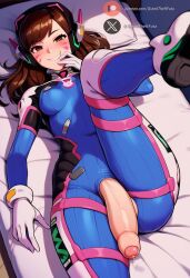 1futa ai_generated blizzard_entertainment brown_eyes brown_hair d.va dickgirl flaccid flaccid_penis futa_only futa_sans_pussy futanari headphones huge_cock overwatch overwatch_2 precum precum_drip precum_on_penis roxygtf seducing_viewer seductive_smile smile smiling smiling_at_viewer