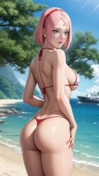 1girls ai_generated ass ass_focus back_muscles bare_back bare_shoulders bare_thighs big_ass big_breasts bikini bikini_bottom bikini_top blush bob_cut boruto:_naruto_next_generations bubble_ass bubble_butt butt_crack facial_mark female female_only forehead_mark from_behind green_eyes grin hairband light-skinned_female light_skin looking_at_viewer looking_back looking_back_at_viewer milf nai_diffusion name naruto naruto_(series) naughtyangelx nice_ass outdoors parted_bangs pinup pose posing posing_for_the_viewer presenting presenting_ass presenting_hindquarters rear_view red_hairband revealing_swimsuit sakura_haruno shiny shiny_hair shiny_skin short_hair skimpy skimpy_bikini smile stable_diffusion thighs url viewed_from_behind water