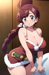 1girls ai_generated big_breasts black_clothing braid breasts chloe_(pokemon) cleavage collarbone female green_eyes hair_ornament open_mouth pokemon pokemon_journeys ryuzam single_braid solo tied_hair