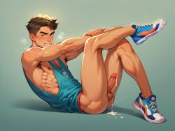 ai_generated armpits bara blue_eyes bottomless_male brown_hair crossed_legs cum_leaking cum_on_floor jock leaking_cum sneakers spaceemperor32089 tank_top yaoi