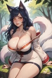 ahri ai_generated animal_ears bare_shoulders black_hair blush breasts cleavage collarbone default_ahri facial_mark female fox_ears fox_tail grass heart juswa korean_clothes large_breasts league_of_legends lips long_hair looking_at_viewer low_neckline multiple_tails outdoors parted_lips sitting solo tail thighs whisker_markings yellow_eyes