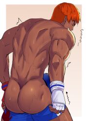 ass buriki_one dark_skin erection erection_under_clothes fingerless_gloves gai_tendo japanese_text king_of_fighters male male_only mooning mu-q muscular muscular_male orange_hair shorts shorts_down snk solo sweat sweatdrop sweaty_butt tagme video_games