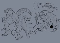 2025 all_fours alligator alligatorid anal anal_sex anon anthro anthro_penetrating anthro_penetrating_human ass balls bed blush bodily_fluids claws crocodilian cum cum_drip cum_in_ass cum_inside dialogue digital_drawing_(artwork) digital_media_(artwork) dripping duo erection from_behind_position furniture genital_fluids genitals grin growth hi_res human human_on_anthro human_penetrated human_to_anthro humanoid_genitalia humanoid_penis interspecies looking_back looking_pleasured male male/male male_penetrated male_penetrating male_penetrating_male mammal markings mejeeeehhh monochrome muscular muscular_anthro muscular_male nude nude_anthro nude_human nude_male on_bed pecs penetration penile penile_penetration penis plap rear_view reptile scale_growth scale_markings scales scalie sex sharp_teeth size_transformation smile species_transformation sweat sweatdrop tail tail_motion tailwag teeth transformation transformation_through_sex