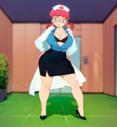 1girls ai_generated big_breasts blackroga blouse busty clothed earrings edit eyelashes female_only full_body glasses heels high_heels hospital indoors light-skinned_female lipgloss looking_at_viewer nintendo nurse_joy nurse_uniform pink_hair pokemon skirt thick thick_ass thick_hips unbuttoned unbuttoned_shirt voluptuous