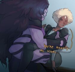 2girls afro black_hair cartoon_network clothed clothing dialogue english_text female female_only gem_(species) gem_fusion long_hair muscular muscular_female orange_skin purple_skin sardonyx_(steven_universe) steven_universe sugilite_(steven_universe) text yuri