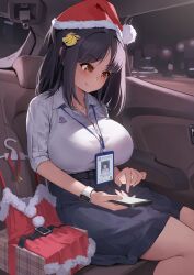 1girls big_breasts breasts car_interior christmas christmas_clothing gao-lukchup gao_(gaolukchup) hat large_breasts loogchoob_(gaolukchup) original santa_hat sitting skirt solo