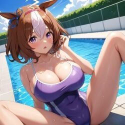 1girls ai_generated big_breasts breasts brown_hair cleavage collarbone female hair_ornament huge_breasts meisho_doto_(umamusume) one-piece_swimsuit pool school_swimsuit solo suk_min swimsuit two_tone_hair umamusume umamusume_pretty_derby white_hair