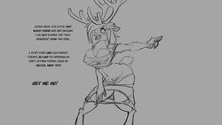 16:9 2018 4k absurd_res angry anthro antlers big_breasts breasts capreoline cervid clothing crotchboobs dialogue drawn female grey_background hi_res hooves horn implied_transformation mammal monochrome navel nipples open_mouth pussy reindeer simple_background solo standing torn_clothing watsup