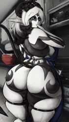 9:16 apron ass ass_focus black_sclera body_markings breasts curvy demon demon_girl demon_horns demon_tail female female_focus finger_in_mouth horns huge_ass kitchen long_ears looking_away milf multicolored_body multicolored_hair naked_apron oc original_character pale-skinned_female pale_skin pointy_ears sathanas slimybc solo solo_female solo_focus tail thick thick_ass thick_thighs thigh_strap thighs white_pupils