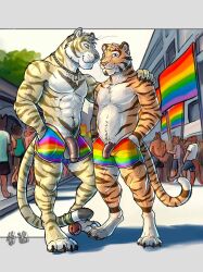 anthro balls bottomwear clothing duo felid flaccid foreskin genitals hi_res hufnaar lgbt_pride male male_only mammal pantherine penis pride_color_clothing pride_color_flag pride_colors shirtless shorts tiger ulbrek