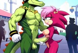 ai_generated anthro anthro_on_anthro ass breasts crowd female gold_earrings gold_jewelry green_eyes hand_on_shoulder holding_penis imminent_sex male male/female penis pink_hair public_nudity scalie sonia_the_hedgehog sonic_(series) sonic_the_hedgehog_(series) street vector_the_crocodile violet_body white_gloves
