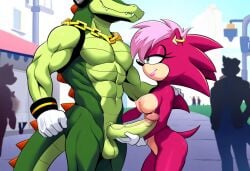 ai_generated anthro anthro_on_anthro ass breasts crowd female gold_earrings gold_jewelry green_eyes hand_on_shoulder holding_penis imminent_sex male male/female penis pink_hair public public_nudity scalie sonia_the_hedgehog sonic_(series) sonic_the_hedgehog_(series) street vector_the_crocodile violet_body white_gloves