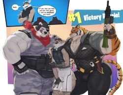 3boys bara barazoku dialogue fishingmanmax fortnite furry gay imminent_anal imminent_penetration imminent_sex male male/male male_only muscular muscular_male oscar_(fortnite) polar_bear polar_patroller size_difference text tiger wendell_(fortnite) wolf