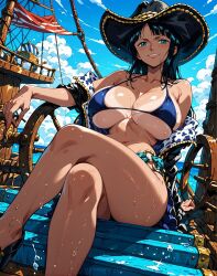 1girls ai_generated bare_arms bare_legs bare_shoulders bare_thighs big_breasts bikini bikini_bottom bikini_top black_hair blue_eyes blush clothed clothing color female female_focus female_only hat hi_res large_breasts light-skinned_female light_skin long_hair looking_at_viewer nico_robin one_piece pre-timeskip shounen_jump solo solo_female tagme thick_thighs water wet yashin