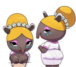 2024 animal_crossing anthro ass blonde_hair bodily_fluids breast_play breasts clothing cum cum_on_breasts curvy_figure dress duo faceless_character faceless_male female female_focus female_on_human front_view genital_fluids grey_body hair hair_bun hi_res human human_on_anthro impstripe interspecies luna_(animal_crossing) male male/female male_on_anthro mammal nintendo paizuri proboscis_(anatomy) rear_view sex slightly_chubby solo_focus tapir titfuck titjob trunk_(anatomy) white_clothing white_dress