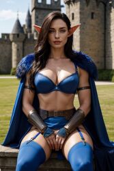 3d aedel_elves aedel_sfw ai_generated armor blue blue_eyes blue_fur breasts brown_hair brunette_hair castle elf elf_ears elf_female fantasy freckles huge_breasts lingerie medieval medieval_armor medieval_armour medieval_clothing queen realistic sfw sfw_version stockings throne throne_room