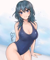 1girls alternate_costume artist_name bare_shoulders black_hair blue_eyes blue_one-piece_swimsuit blue_swimsuit blush breasts byleth_(female)_(fire_emblem) byleth_(fire_emblem) byleth_(fire_emblem)_(female) cleavage collarbone female female female_only fire_emblem fire_emblem:_three_houses highres large_breasts looking_at_viewer medium_hair nintendo one-piece_swimsuit purrlucii solo swimsuit teal_hair