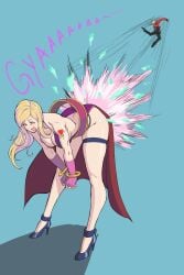 1boy 1girls ass bent_over big_ass blonde_hair bonne_jenet breasts clothing dress fatal_fury female female_focus flying heels high_heels hip_attack male motion_blur octavius_dp rock_howard snk thick_thighs wide_hips