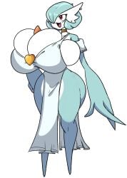 1girls absurd_res areola big_breasts blue_hair breasts clothing female female_only gardevoir hair hi_res huge_breasts humanoid hyper hyper_breasts inakotho looking_at_viewer nintendo pokemon pokemon_(species) red_eyes smile solo thick_thighs white_body wide_hips